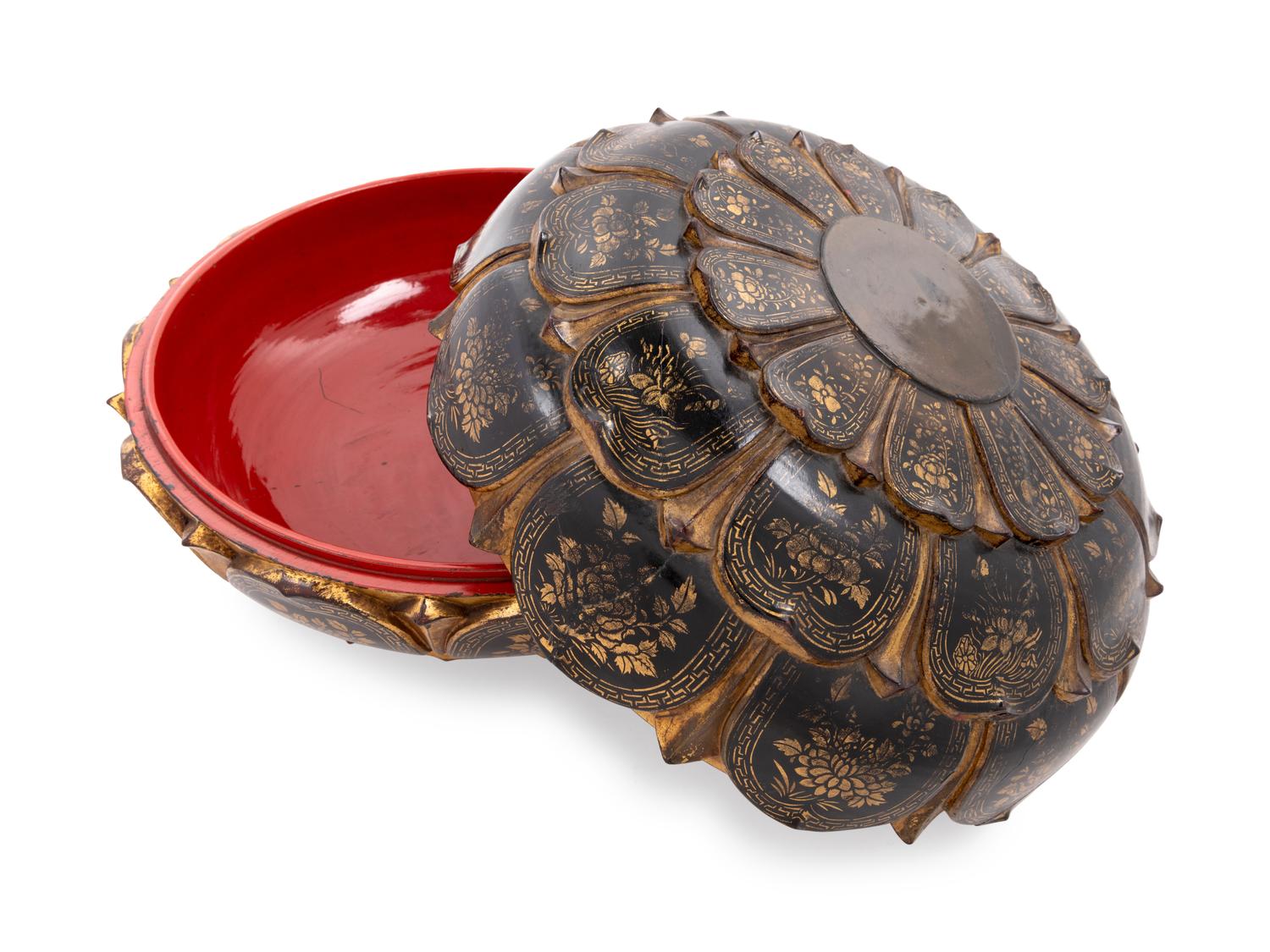 A Large Japanese Parcel Gilt and Black Lacquered Lotus-Form Box and Cover