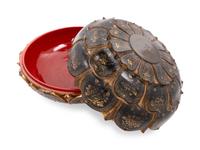 A Large Japanese Parcel Gilt and Black Lacquered Lotus-Form Box and Cover
