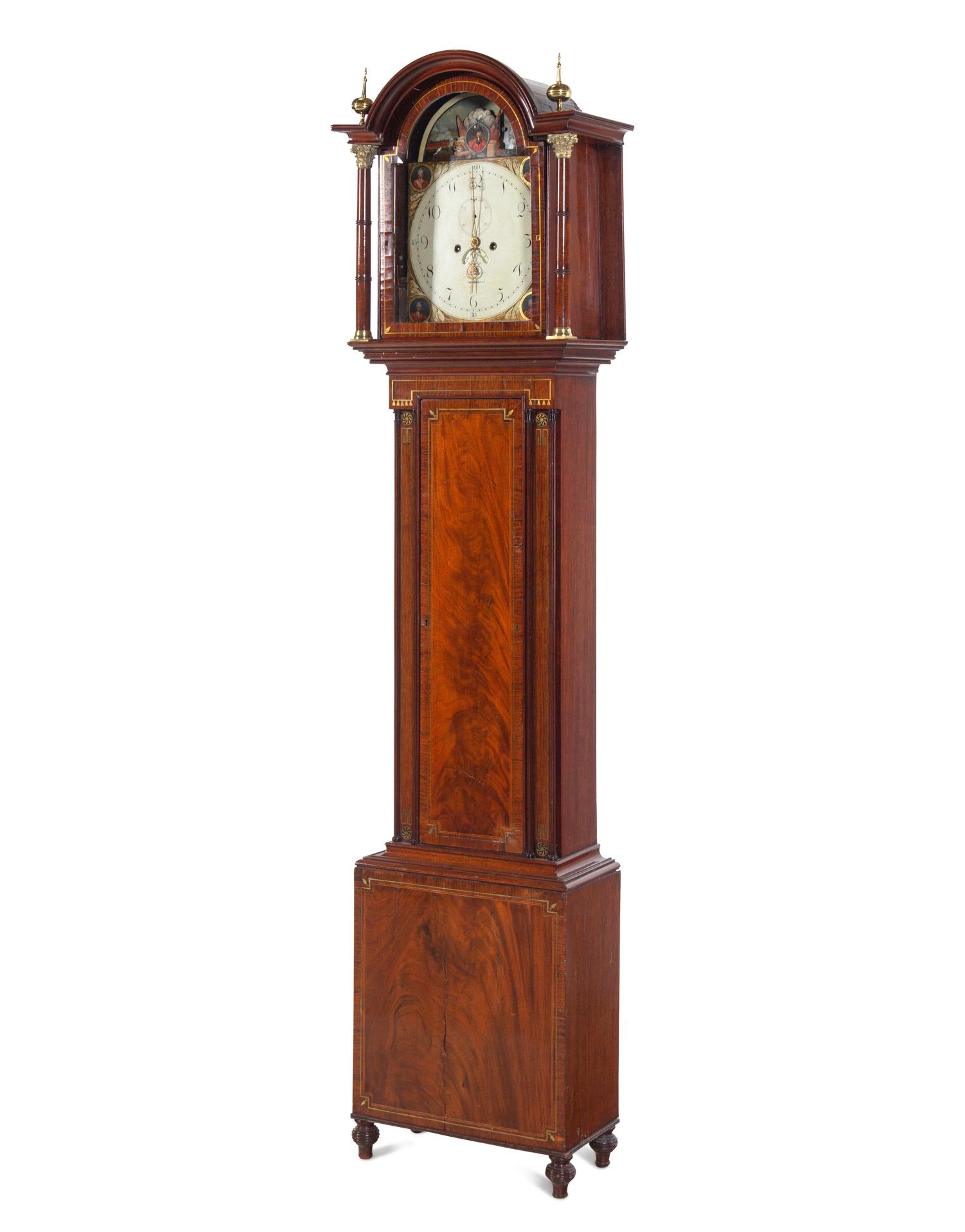 A Regency Brass Inlaid Mahogany Longcase Clock with an Animated Dial