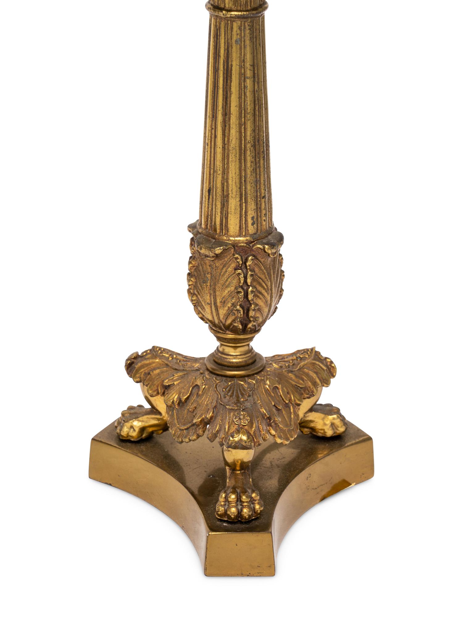 A Pair of Empire Style Gilt Bronze Candlesticks Mounted as Lamps