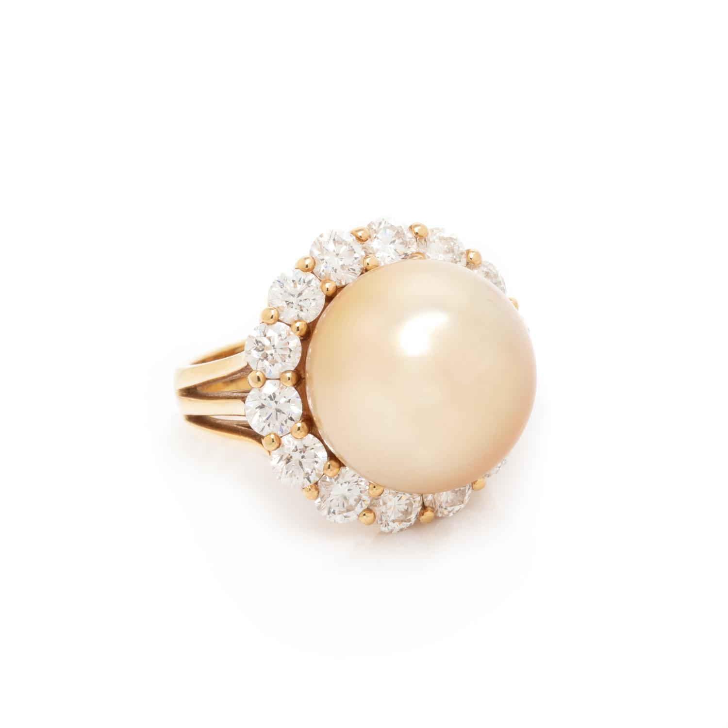 HUBERT, GOLDEN CULTURED PEARL AND DIAMOND RING