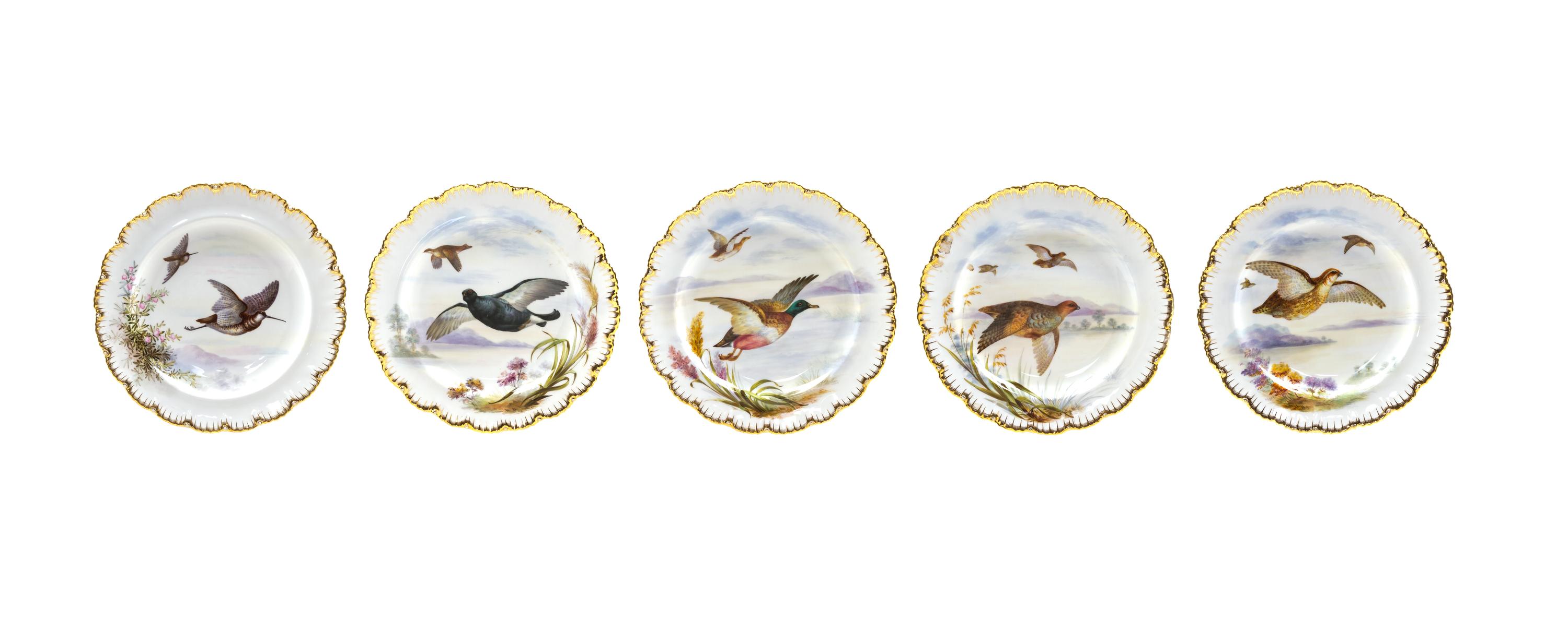 Five English Porcelain Ornithologic Plates, Diameter 9 5/8 inches.