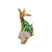 BICOLOR GOLD, DIAMOND, ENAMEL AND RUBY FISH BROOCH