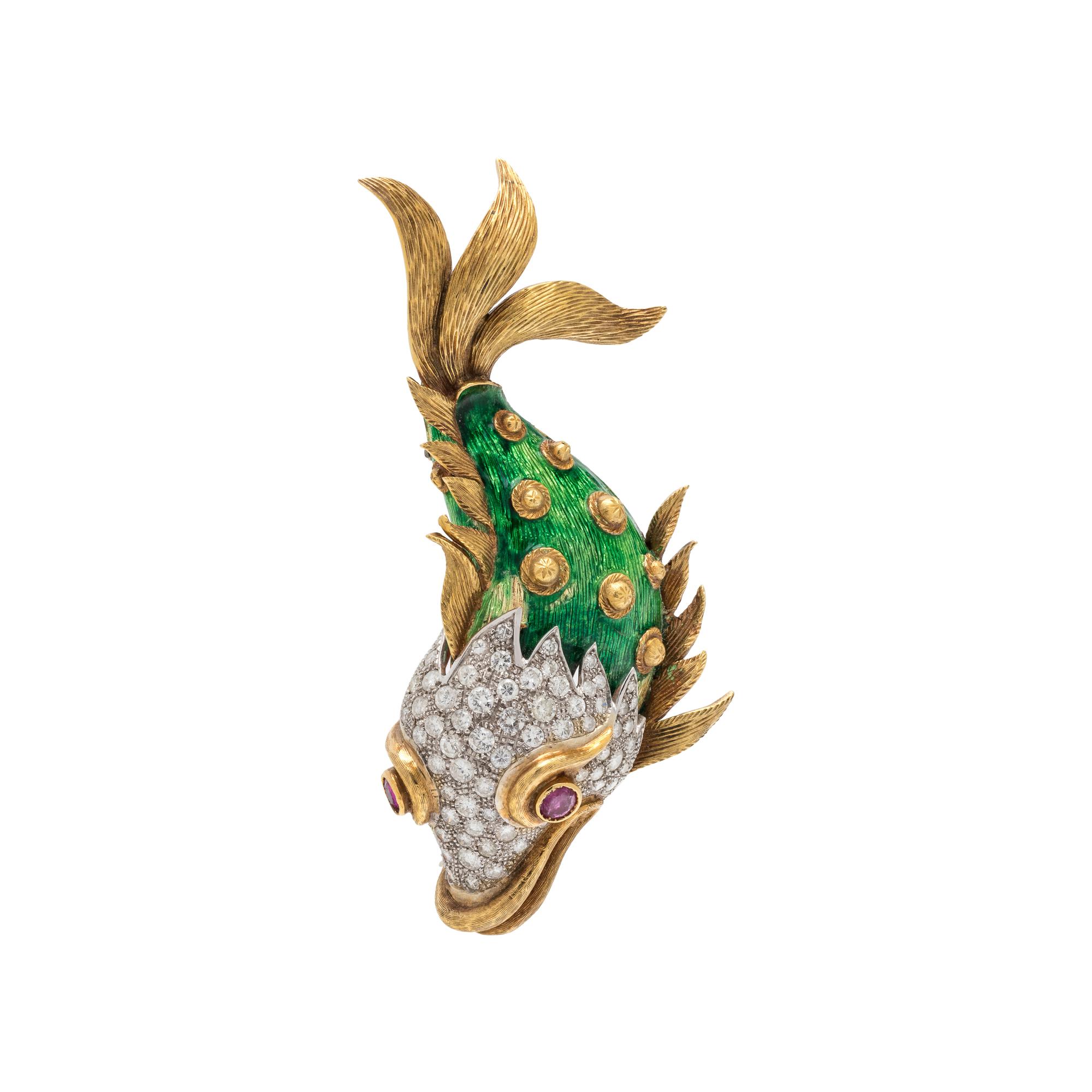BICOLOR GOLD, DIAMOND, ENAMEL AND RUBY FISH BROOCH