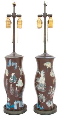 A Pair of Chinese Ceramic Table Lamps Overall height 29 1/2 inches. — 20TH CENTURY
