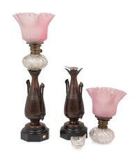 A Pair of French Neoclassical Bronze and Cut Glass Fluid Lamps Converted to Electricity