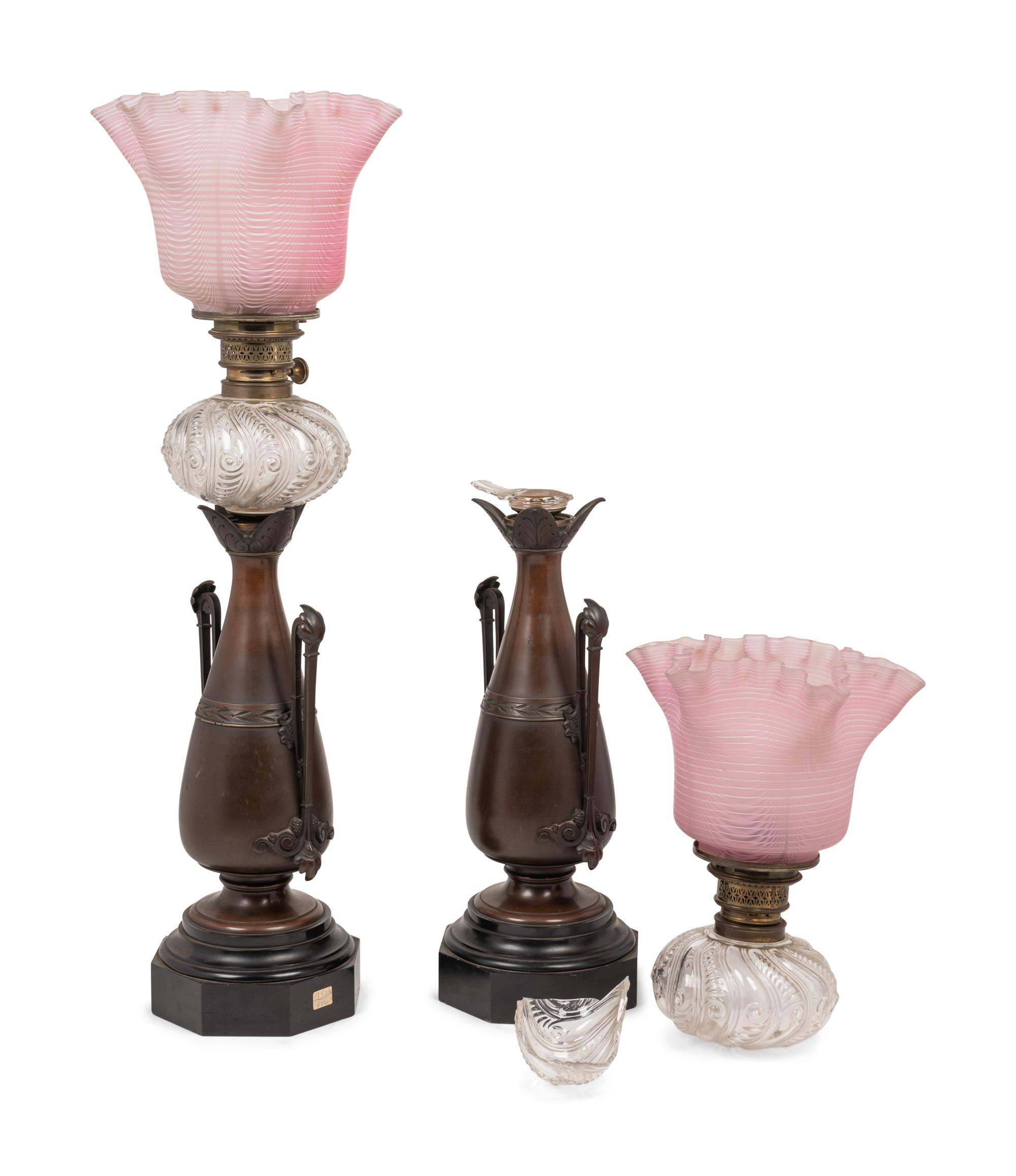 A Pair of French Neoclassical Bronze and Cut Glass Fluid Lamps Converted to Electricity