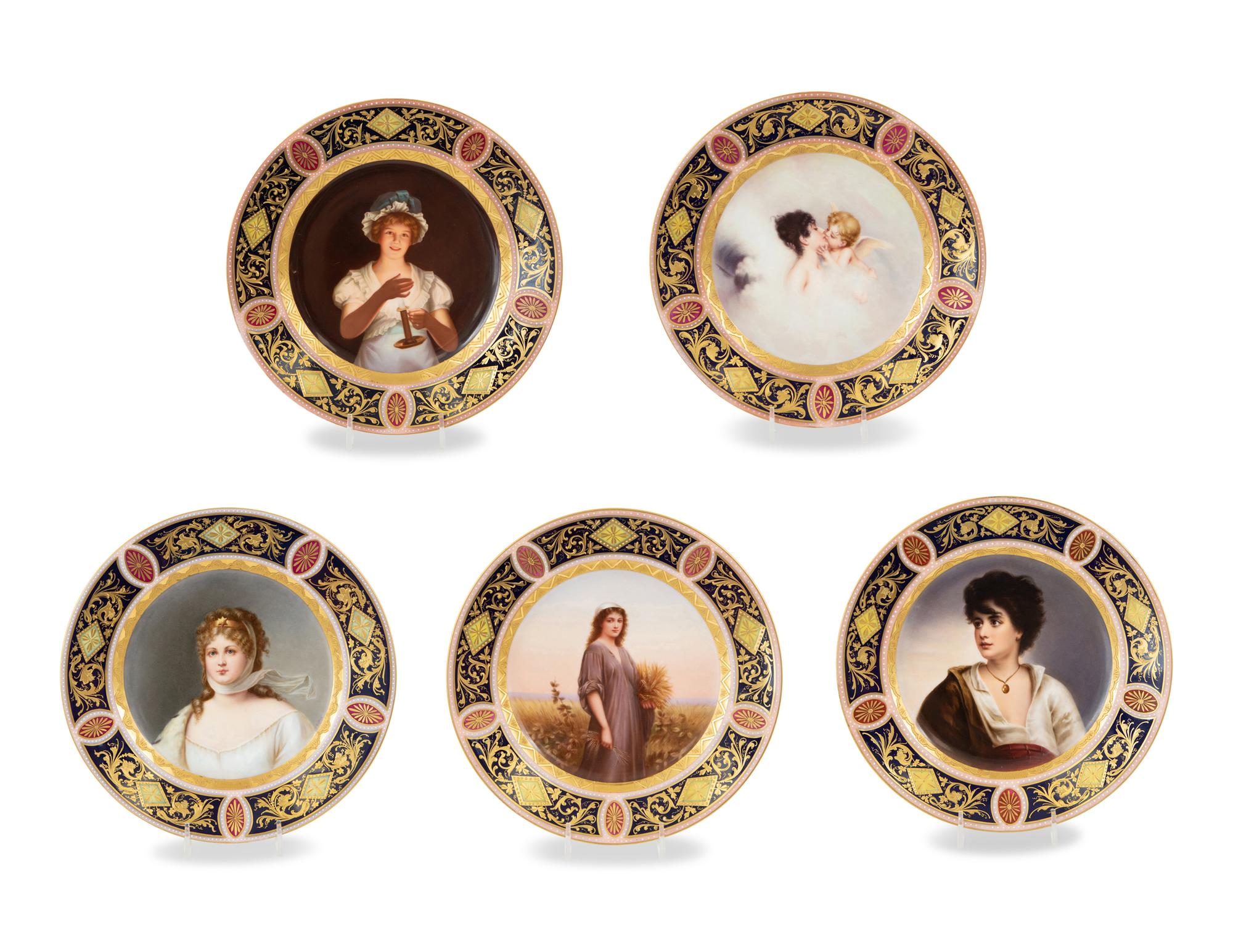 Five Royal Vienna Hand Painted Porcelain Portrait Plates