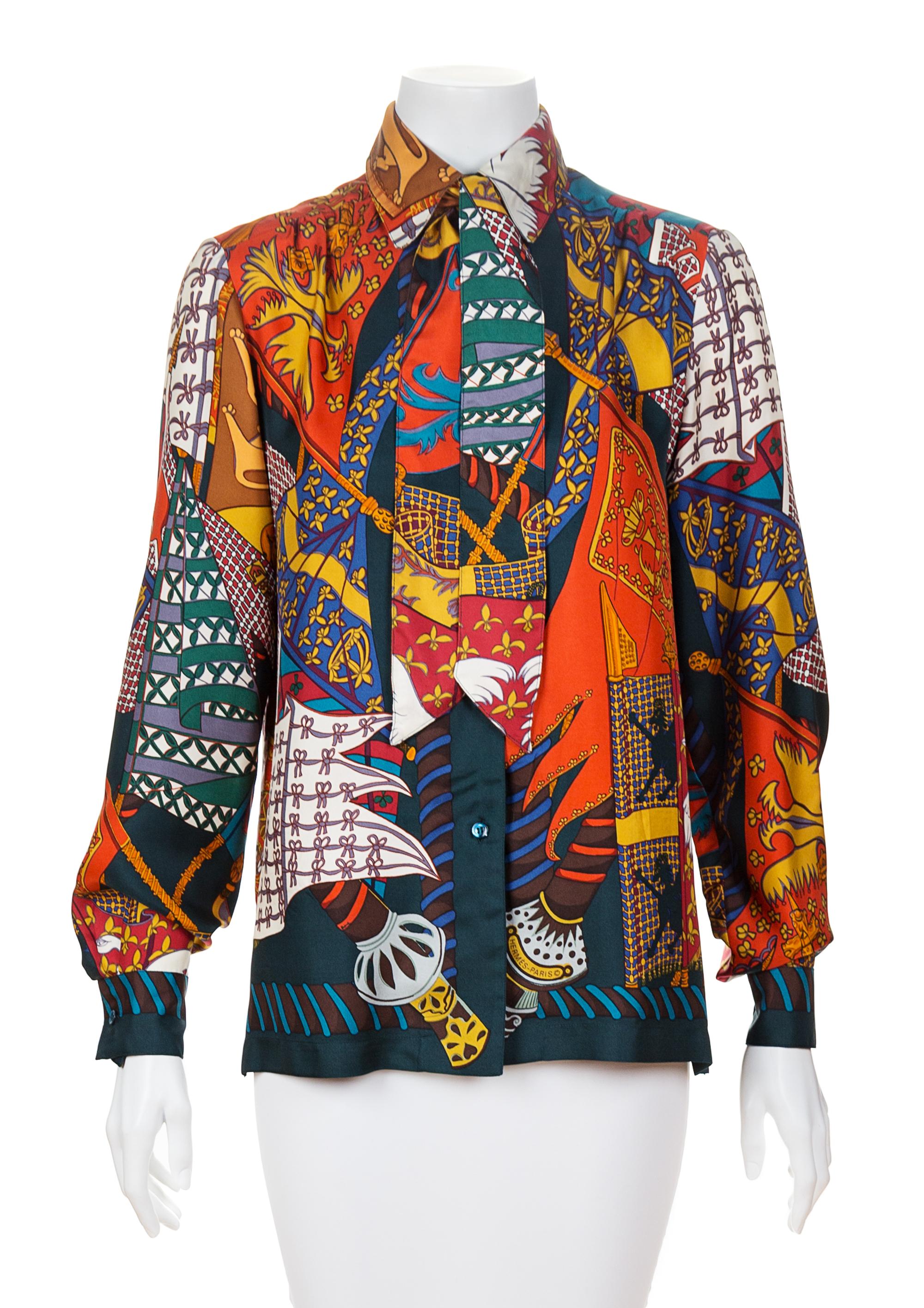 An Hermès Vintage Multicolor Silk Blouse, Shirt size 38; Twilly size 46" x 2.25".