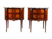 A Pair of Louis XV/XVI Transistional Style Parquetry Inlaid Marble Top Side Cabinets — 20TH CENTURY
