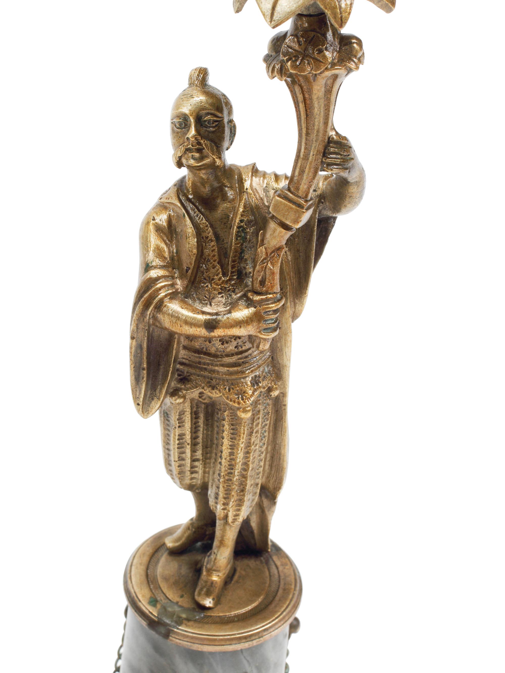 A Pair of French Bronze Figural Candlesticks on Marble Bases