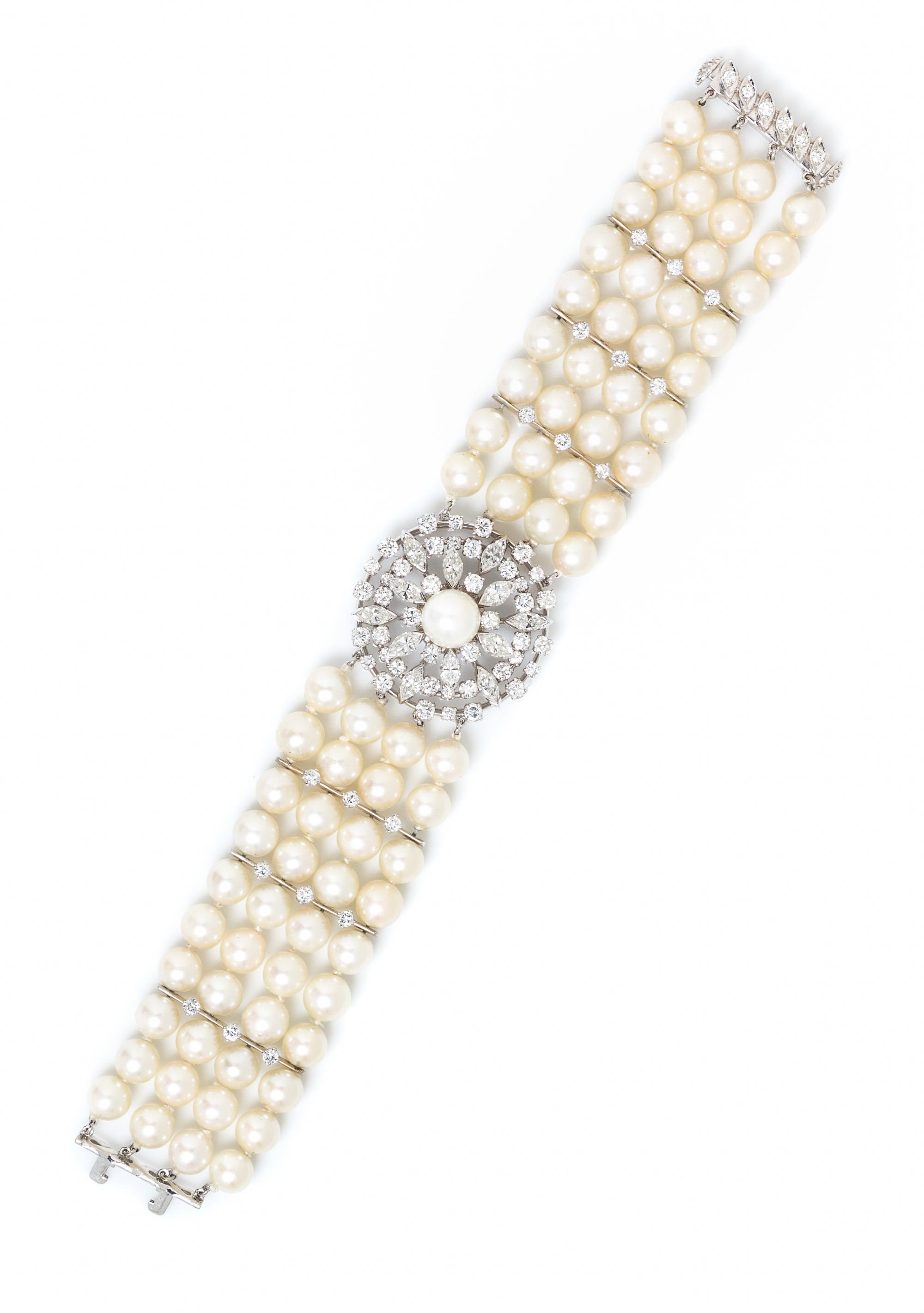 A Platinum, Diamond and Cultured Pearl Bracelet, 39.60 dwts.