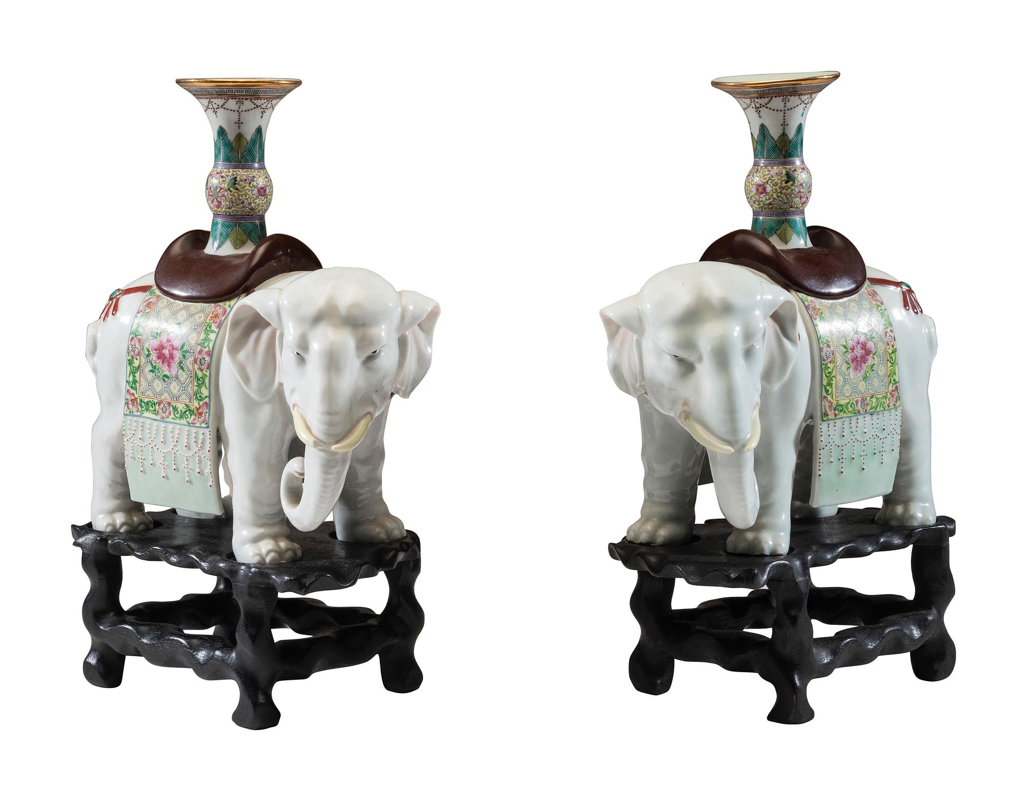 A Pair of Chinese Export Porcelain Elephant Candlesticks