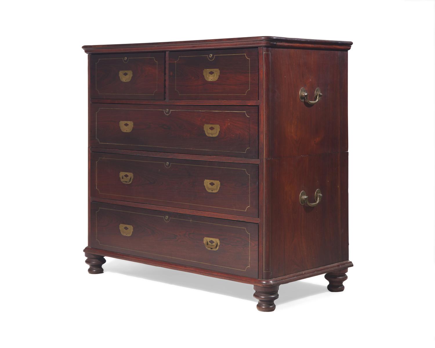An English brass-inlaid rosewood campaign chest, 19th century