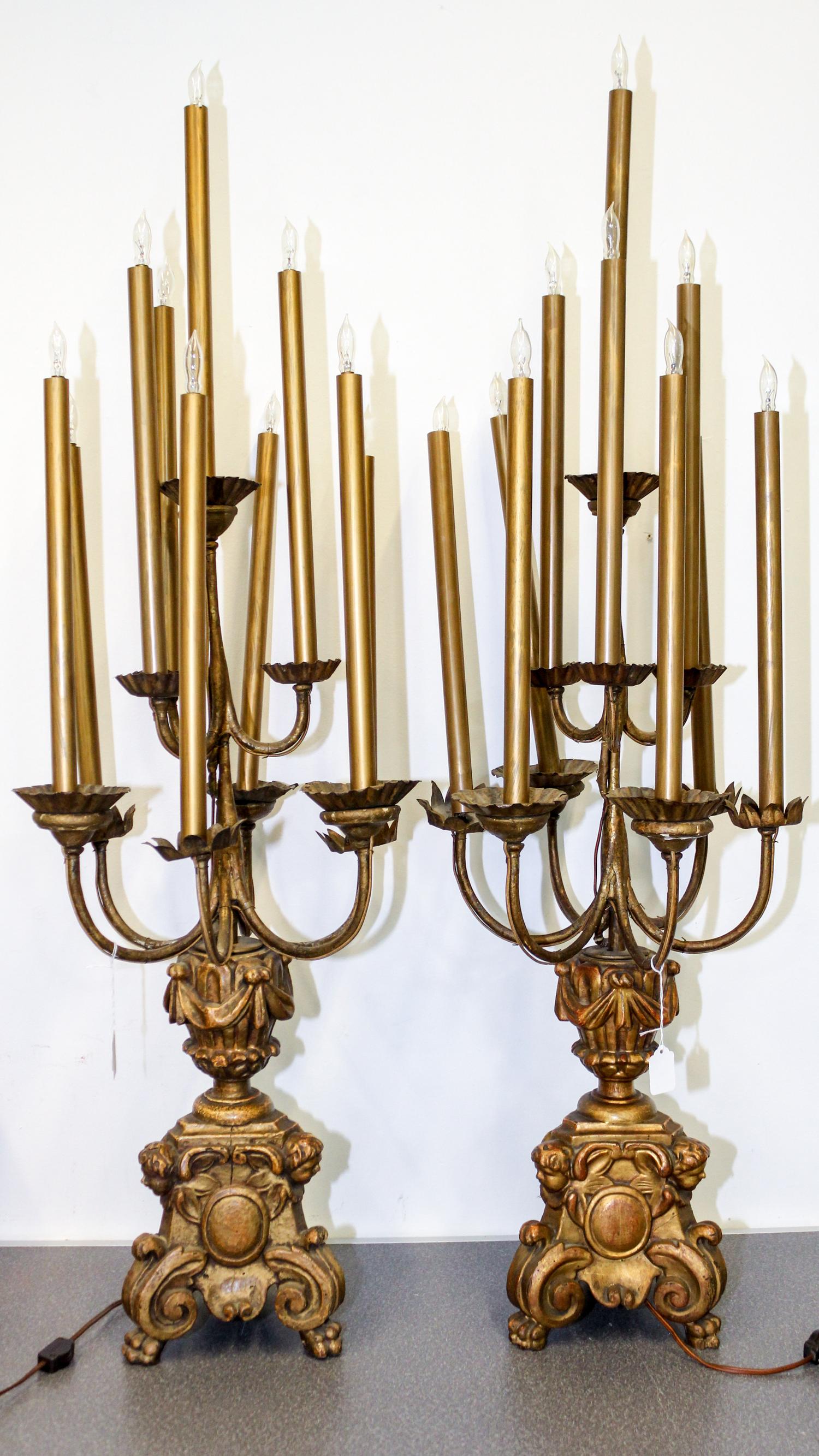 A Pair of Italian Giltwood Ten-Light Candelabra Height 32 inches. — 20TH CENTURY