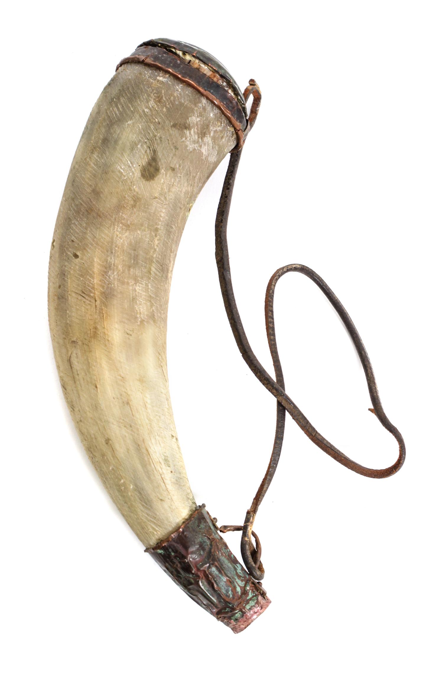 A Hammered Copper Topped Powder Horn Length 14 inches