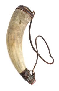 A Hammered Copper Topped Powder Horn Length 14 inches