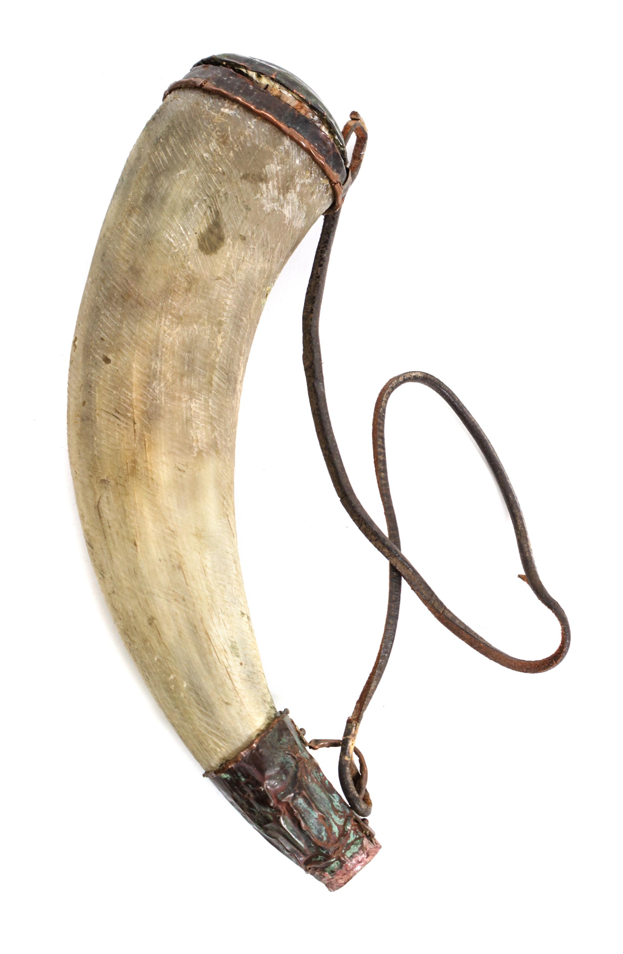 A Hammered Copper Topped Powder Horn Length 14 inches