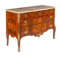 A Louis XV/XVI Transitional Style Gilt Metal Mounted and Sans Traverse Marquetry Marble-Top Commode