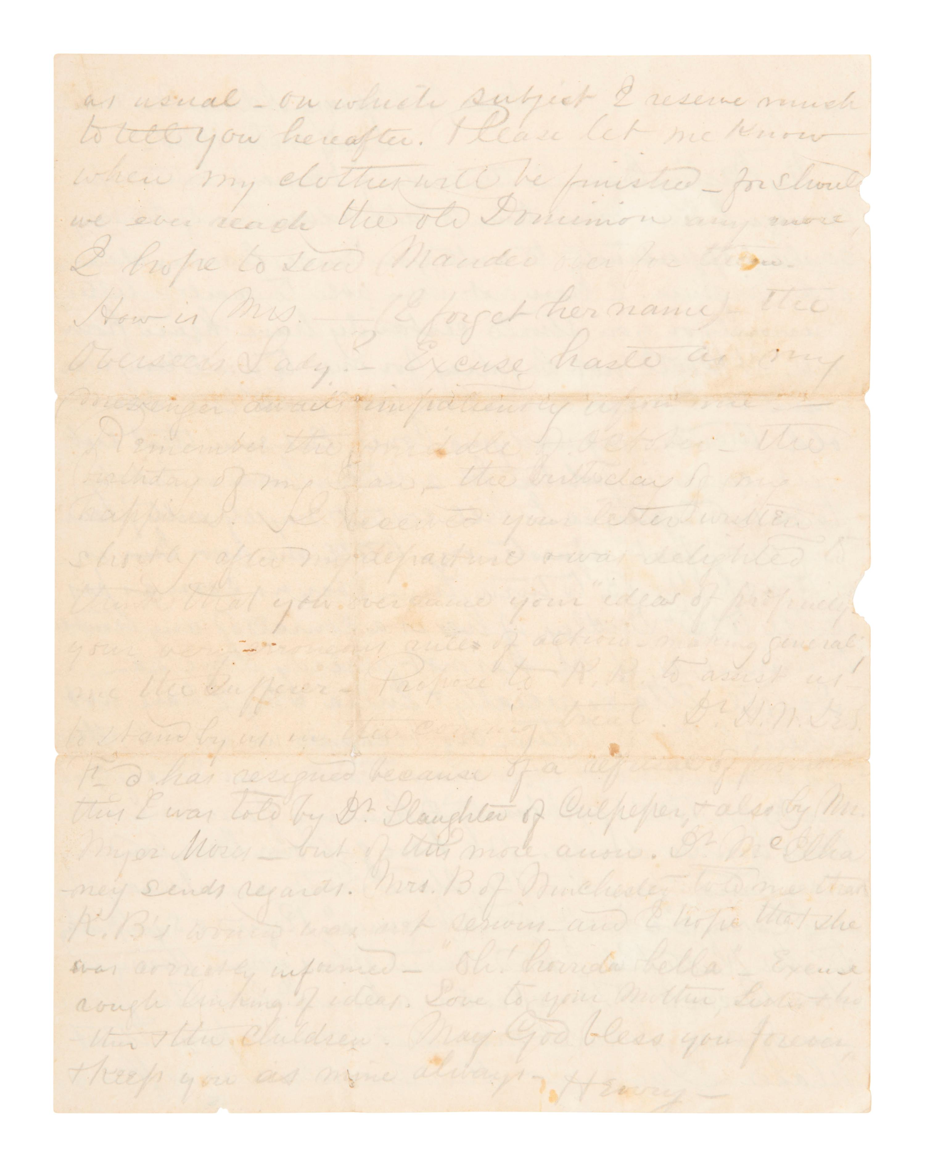 [CIVIL WAR]. Battle of Gettysburg letter penned by a Confederate surgeon. "Near Gettysburg," 4 July 1863.
