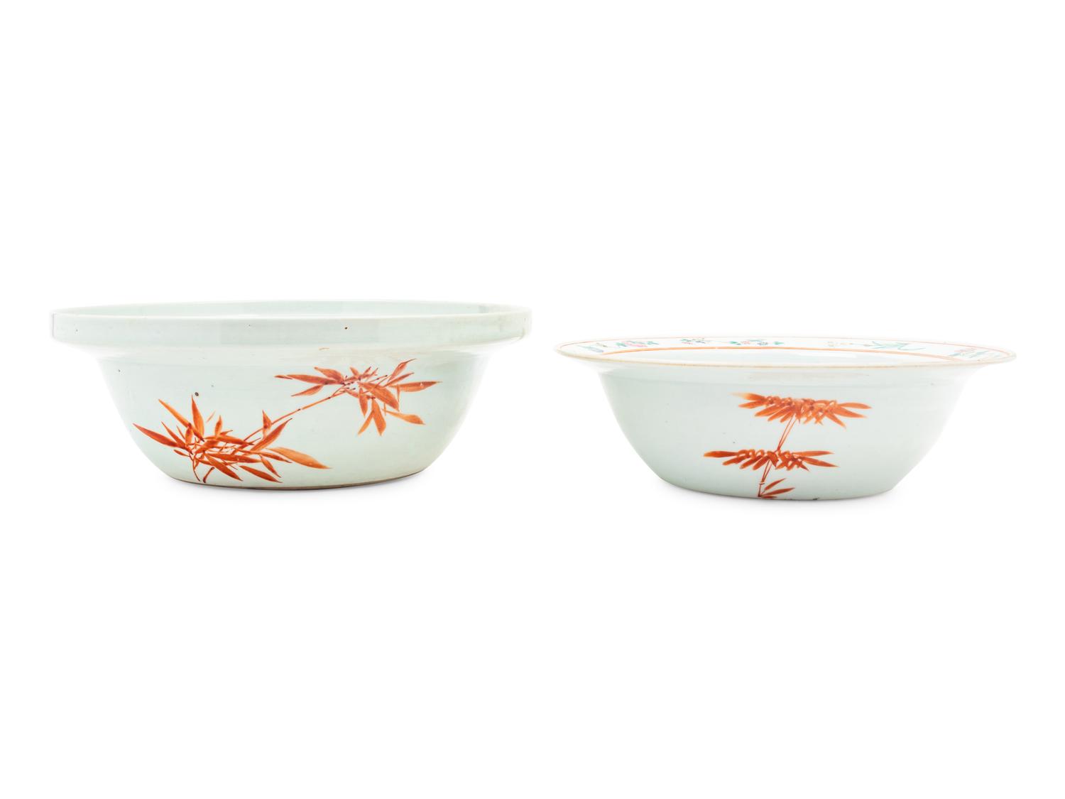 Two Chinese Enameled Porcelain Bowls with Wood Stands