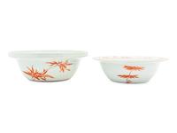 Two Chinese Enameled Porcelain Bowls with Wood Stands