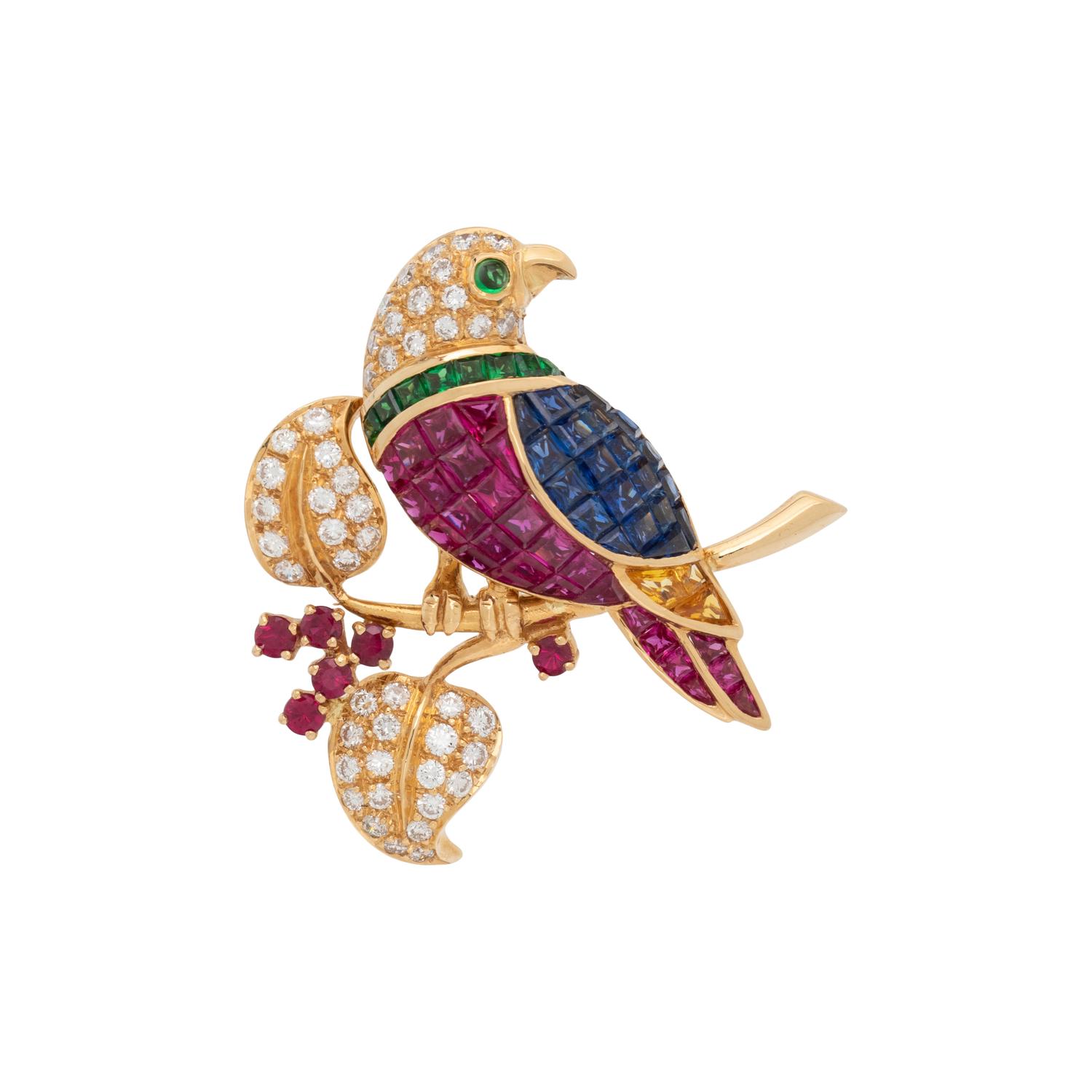 MULTIGEM AND DIAMOND BIRD BROOCH