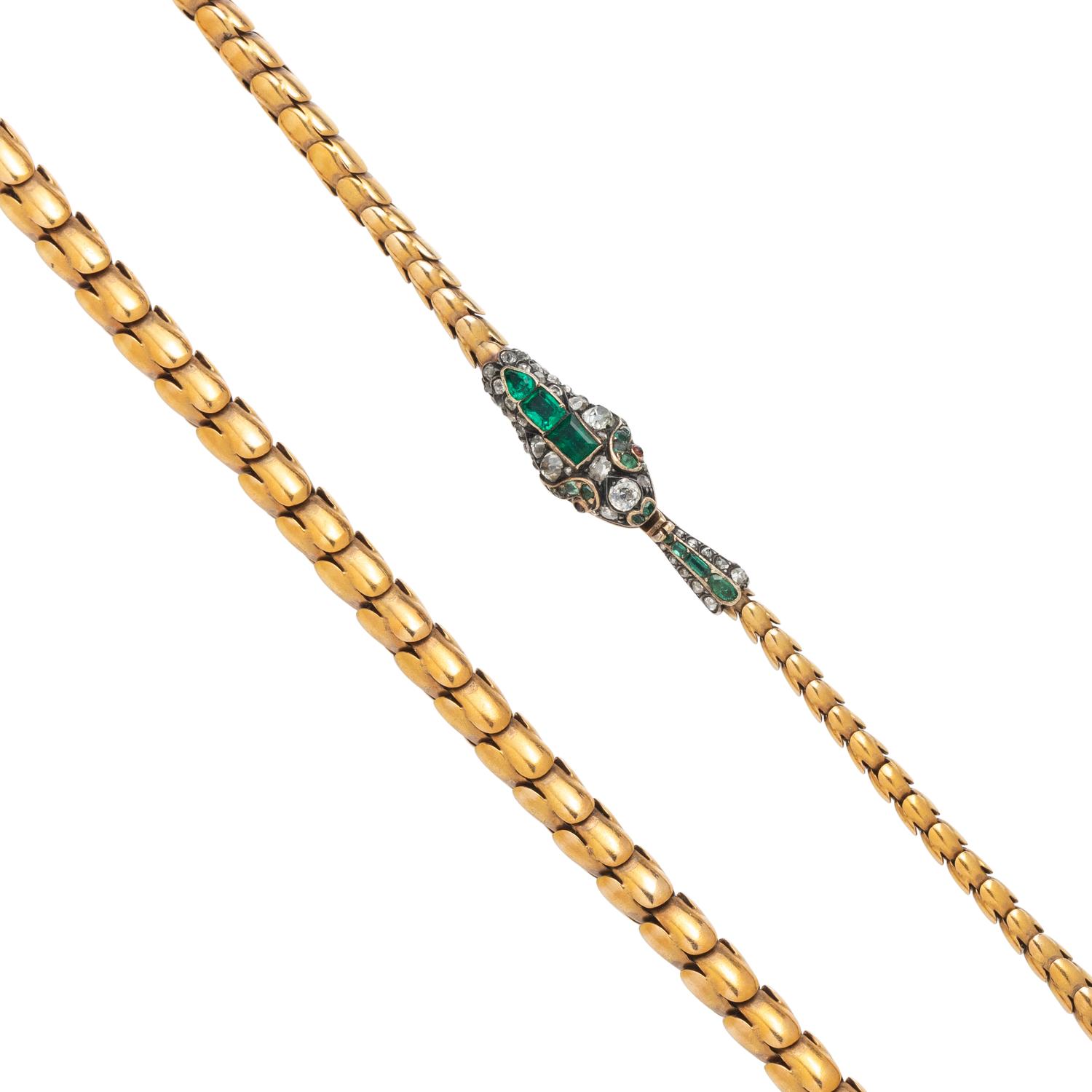 VICTORIAN, YELLOW GOLD, EMERALD AND DIAMOND SNAKE NECKLACE