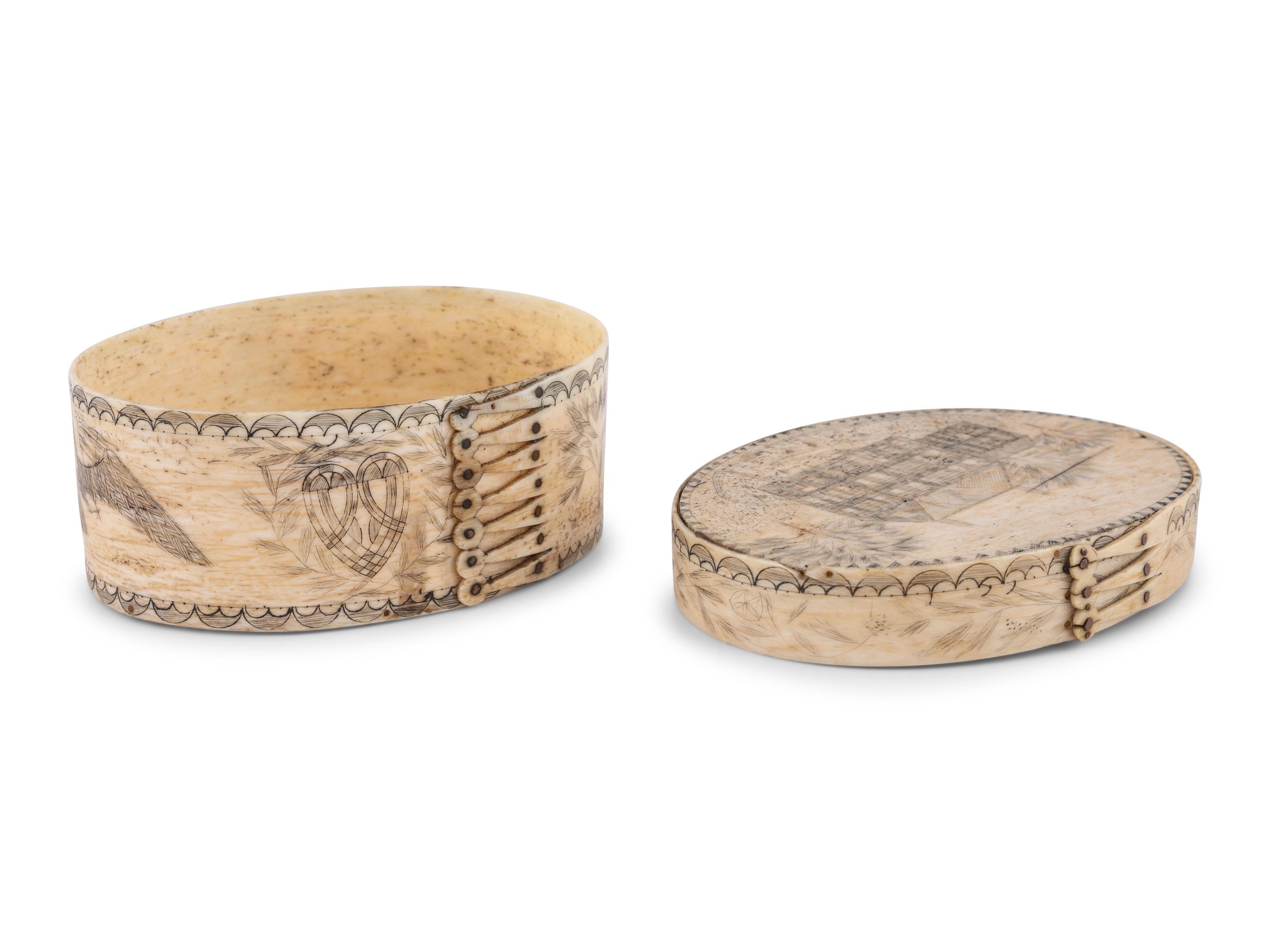 An Unusual Scrimshaw Panbone Oval Ditty Box With Engraved Surfaces and Panbone Bottom