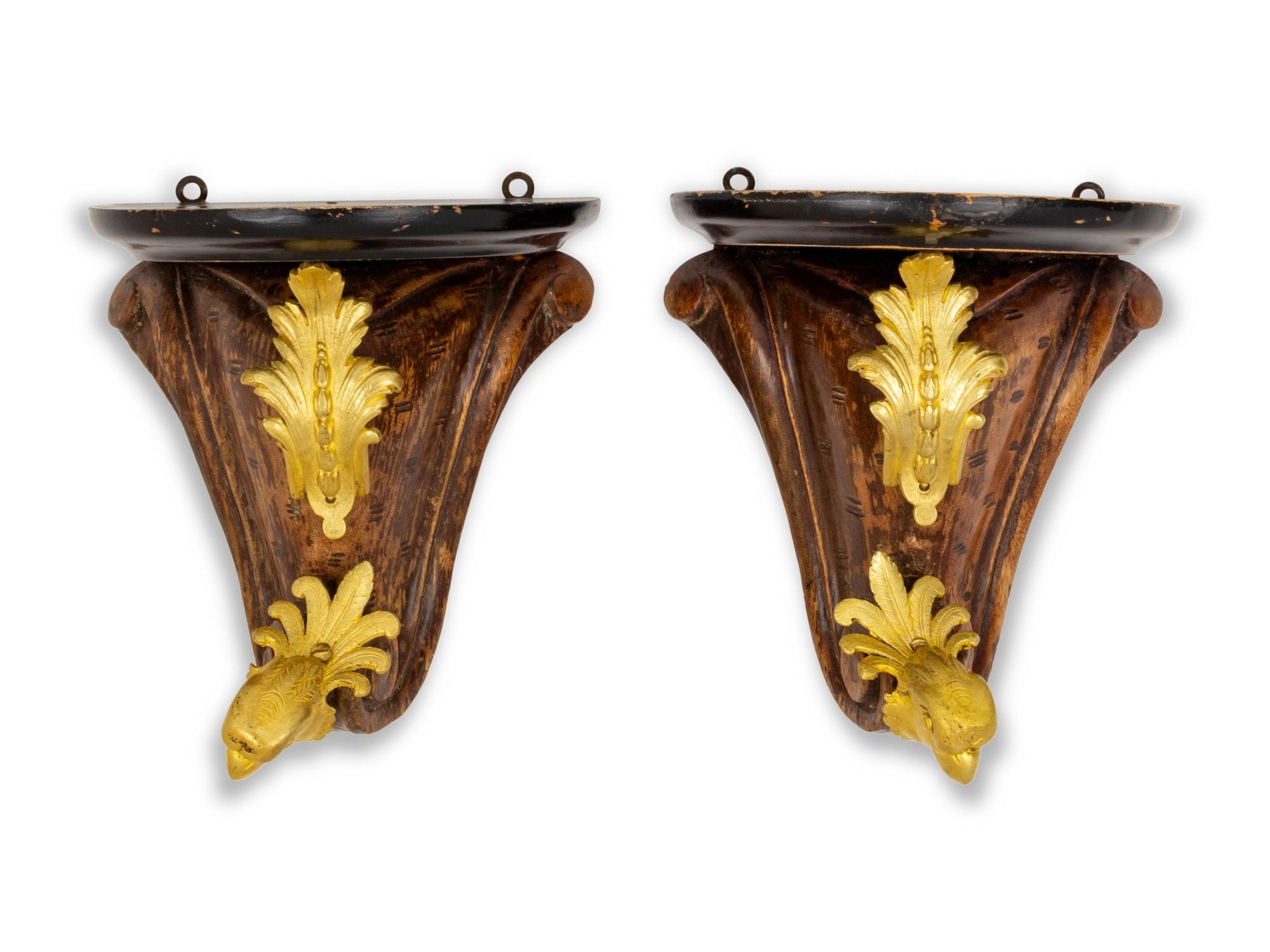 A Pair of Gilt Bronze Mounted Mahogany Wall Brackets