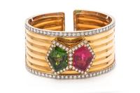 An 18 Karat Bicolor Gold, Tourmaline and Diamond Cuff Bracelet,