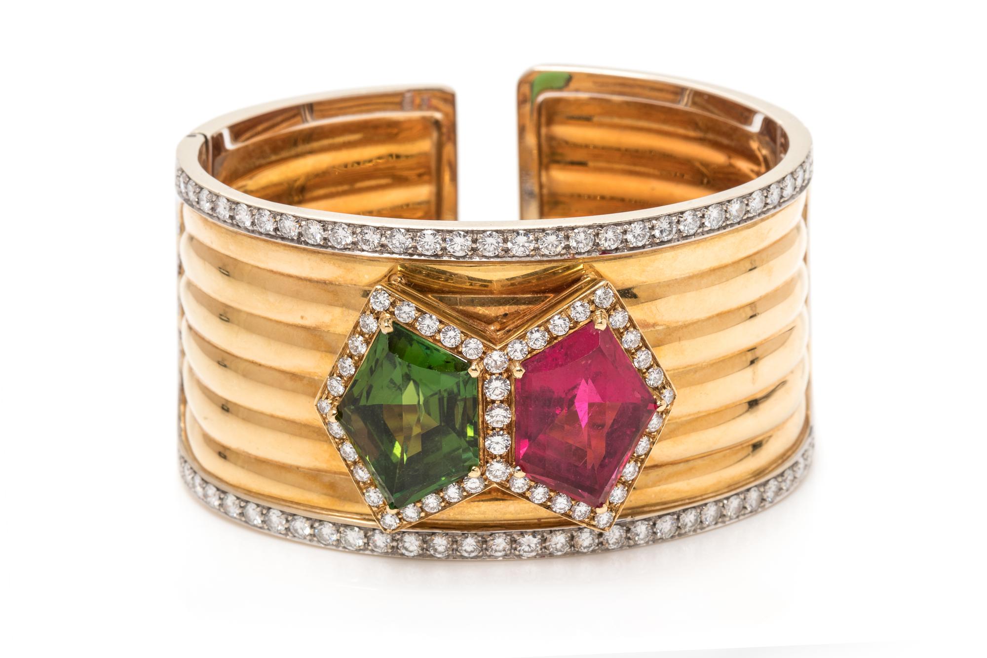 An 18 Karat Bicolor Gold, Tourmaline and Diamond Cuff Bracelet,