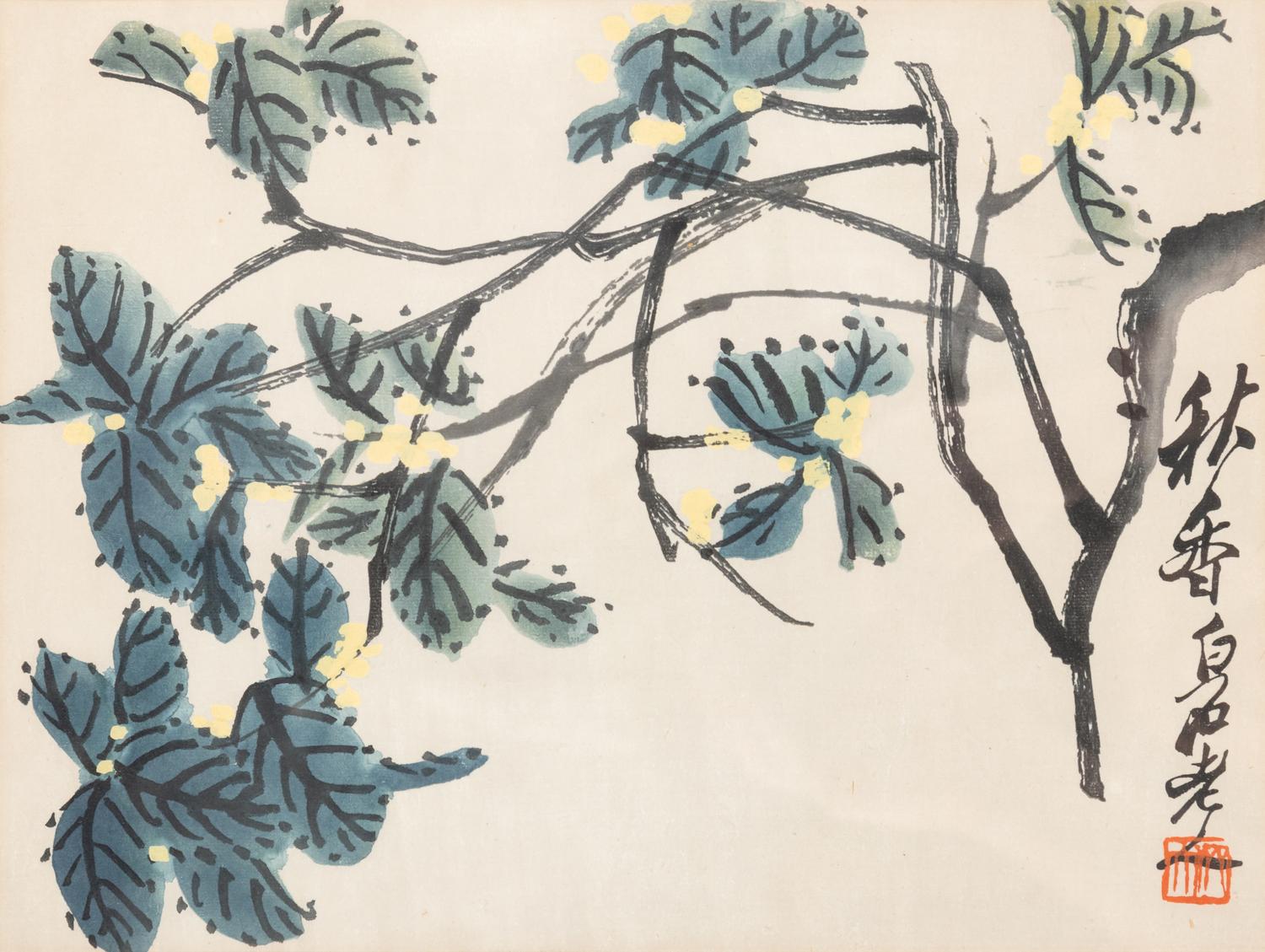 Three Chinese Ink and Color Paintings and One Woodblock Print