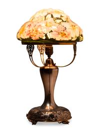 A Pairpoint Reverse-Painted Glass Puffy 'Lily' Table Lamp