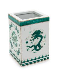 A Chinese Green Decorated Porcelain Square Brush Pot Height 7 1/2 inches. — 20TH CENTURY