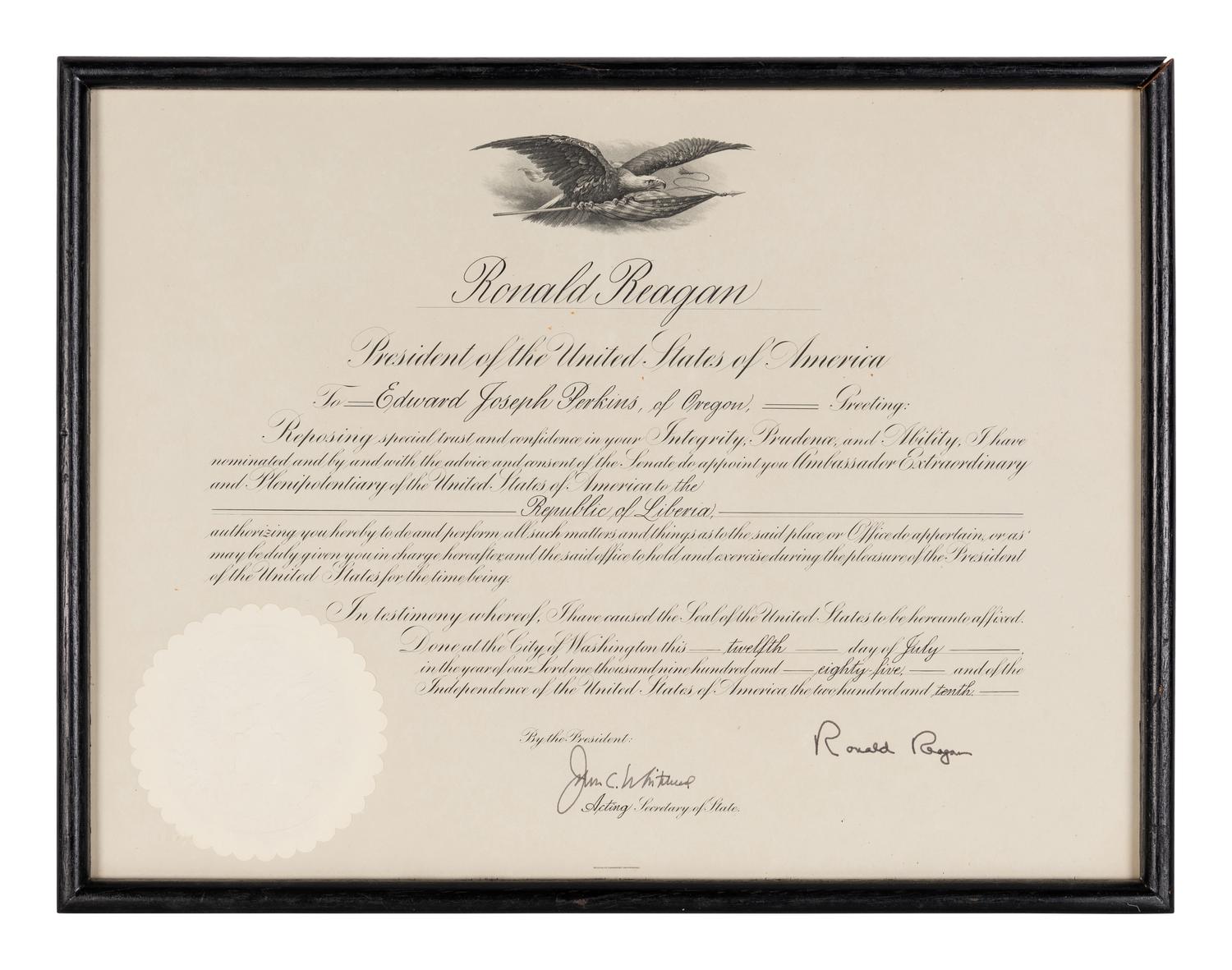 [PERKINS, Edward Joseph (1928-2020)]. A group of 9 documents or photographs by Presidents Nixon, Reagan, or Bush to Perkins, presumably with secretarial or facsimile signatures, including:
