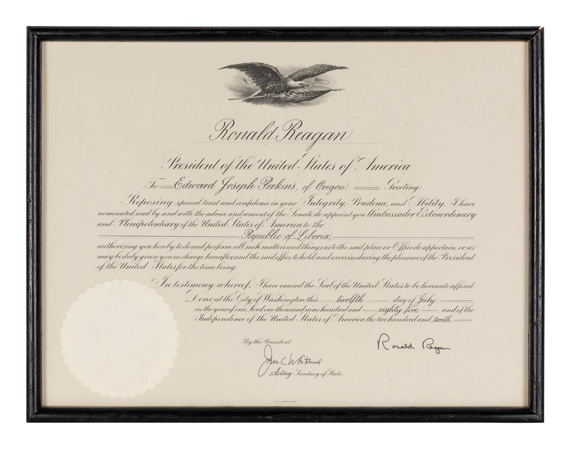 [PERKINS, Edward Joseph (1928-2020)]. A group of 9 documents or photographs by Presidents Nixon, Reagan, or Bush to Perkins, presumably with secretarial or facsimile signatures, including: