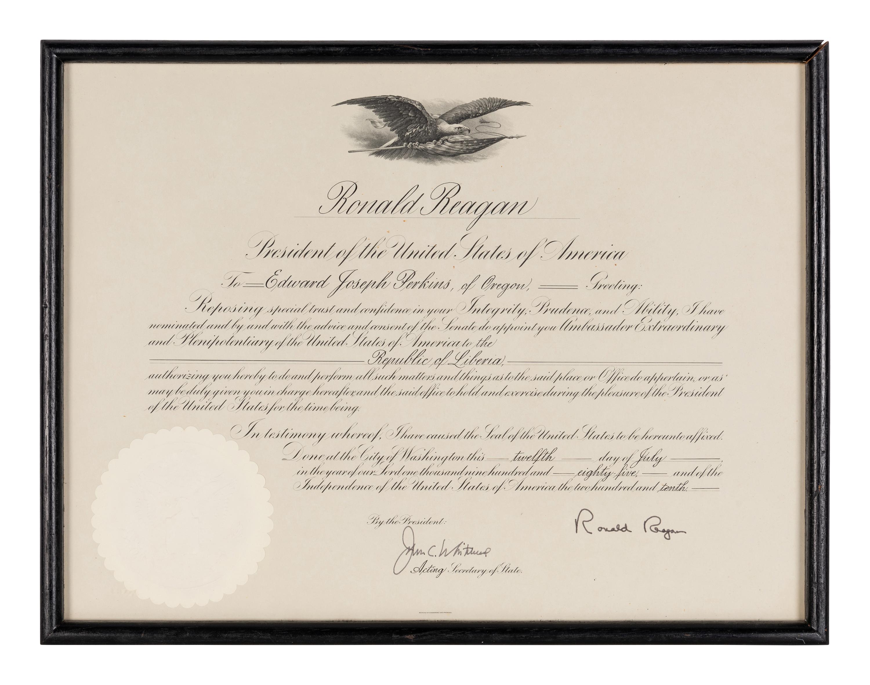 [PERKINS, Edward Joseph (1928-2020)]. A group of 9 documents or photographs by Presidents Nixon, Reagan, or Bush to Perkins, presumably with secretarial or facsimile signatures, including: