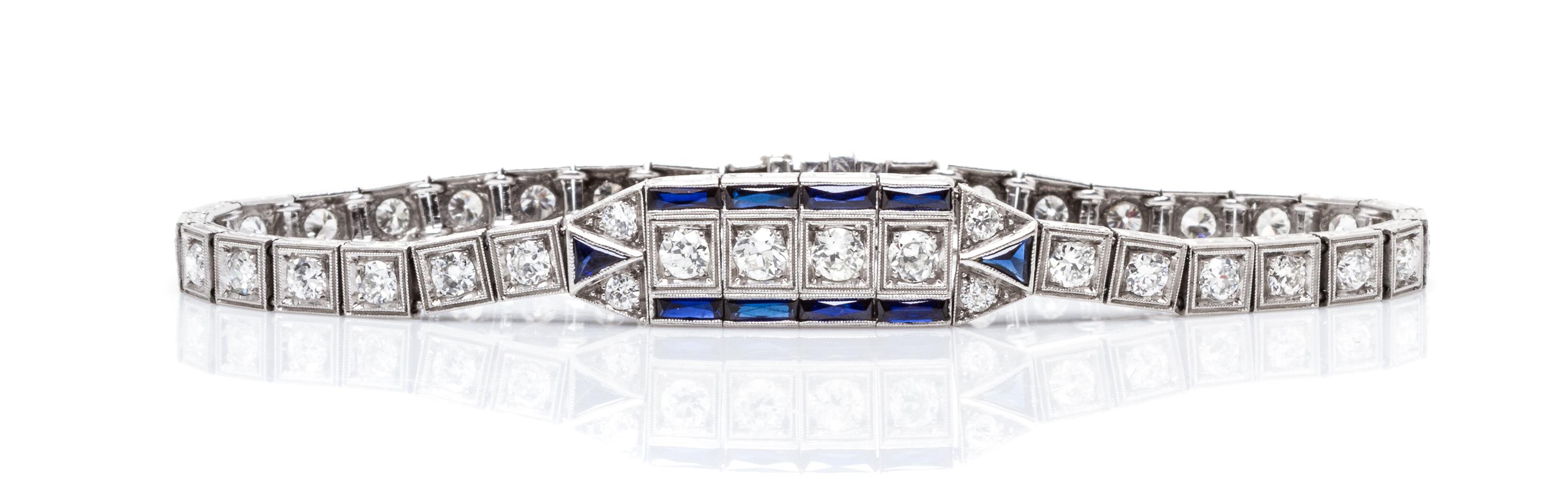 An Art Deco Platinum, Diamond and Synthetic Sapphire Bracelet, 11.50 dwts.