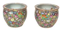 A Pair of Chinese Export Gold Medallion Style Fish Bowls Height 12 1/2 x diameter 13 3/4 inches.