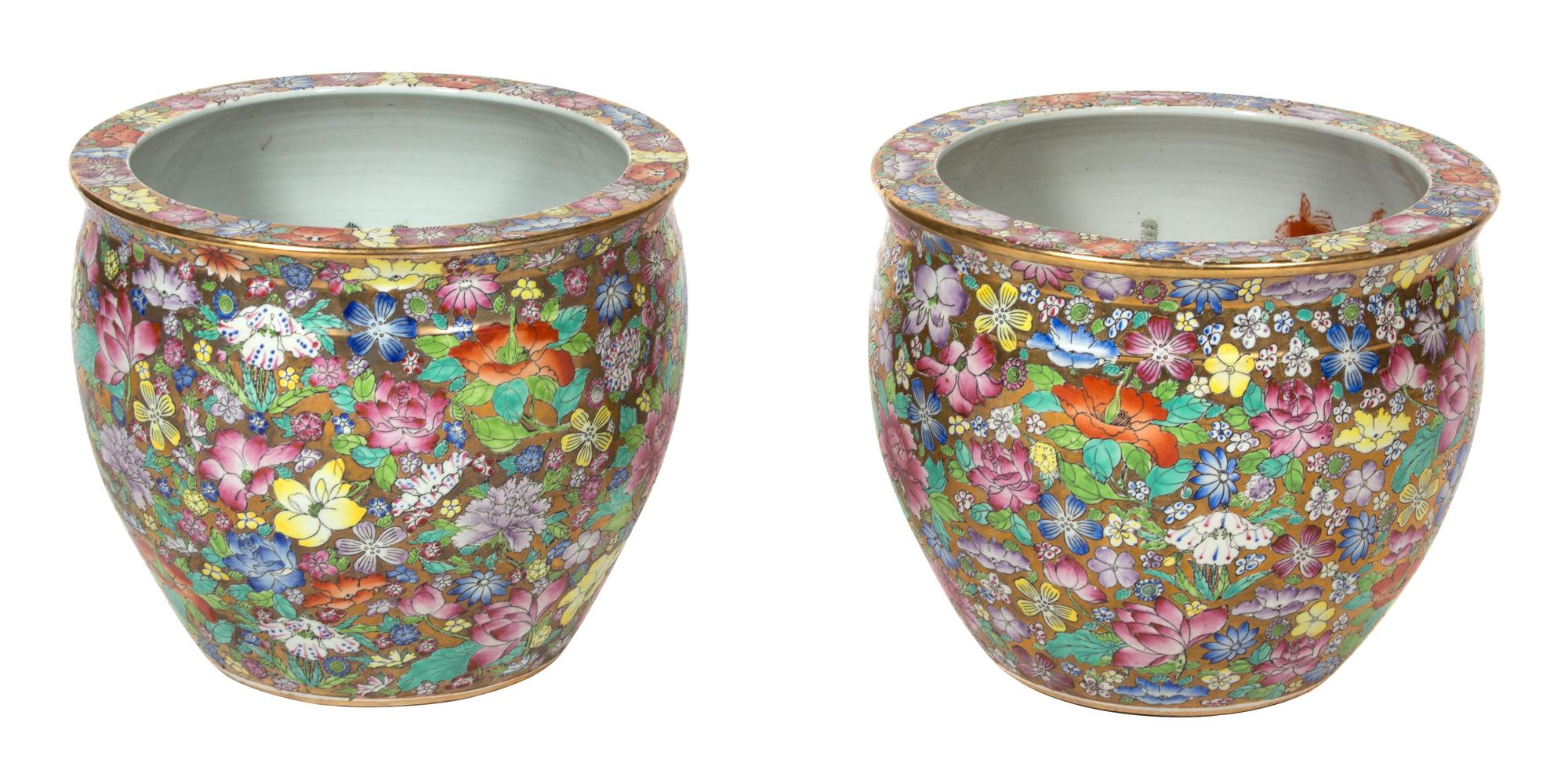 A Pair of Chinese Export Gold Medallion Style Fish Bowls Height 12 1/2 x diameter 13 3/4 inches.
