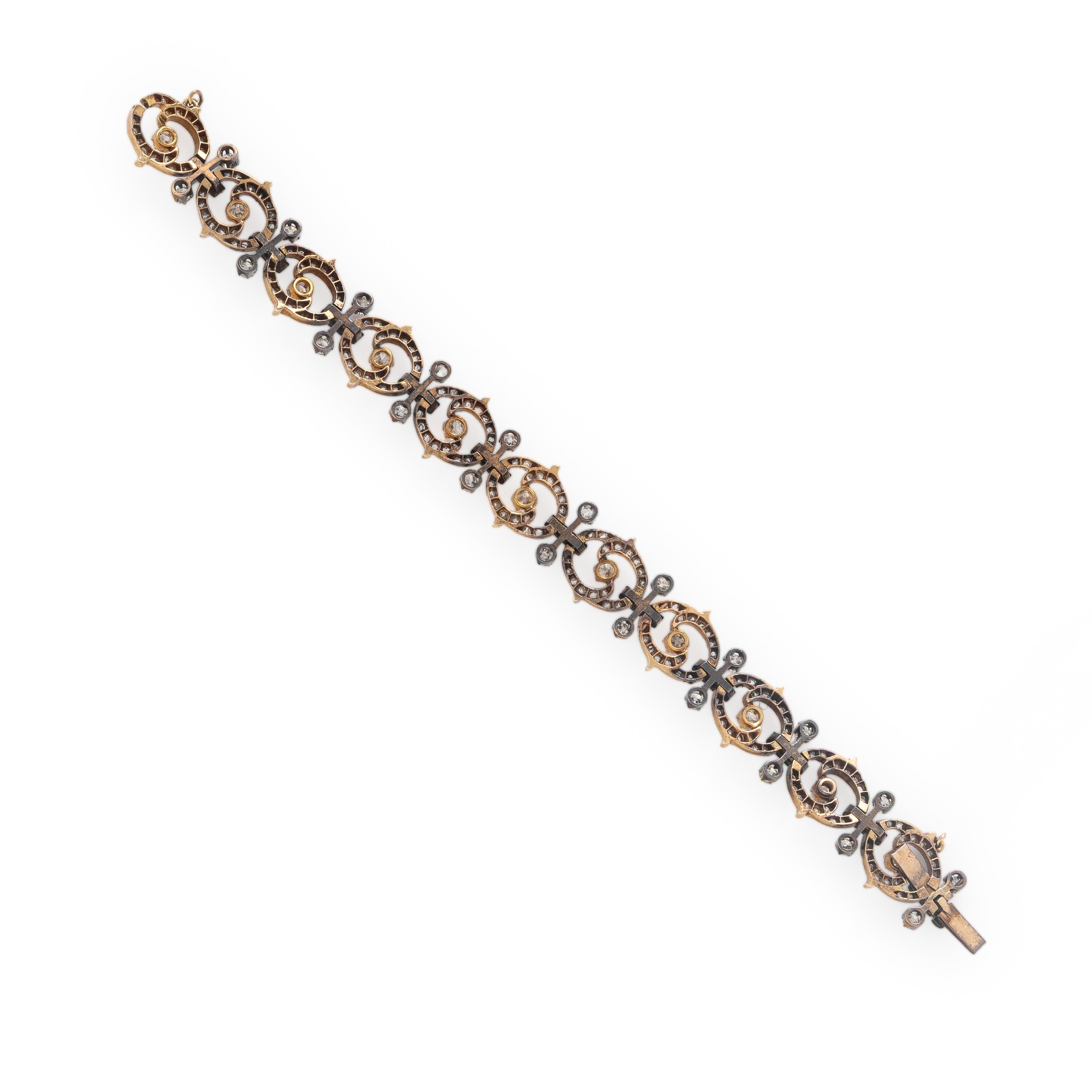 Antique, French, Diamond, Yellow Gold, and Silver-Topped Gold Bracelet