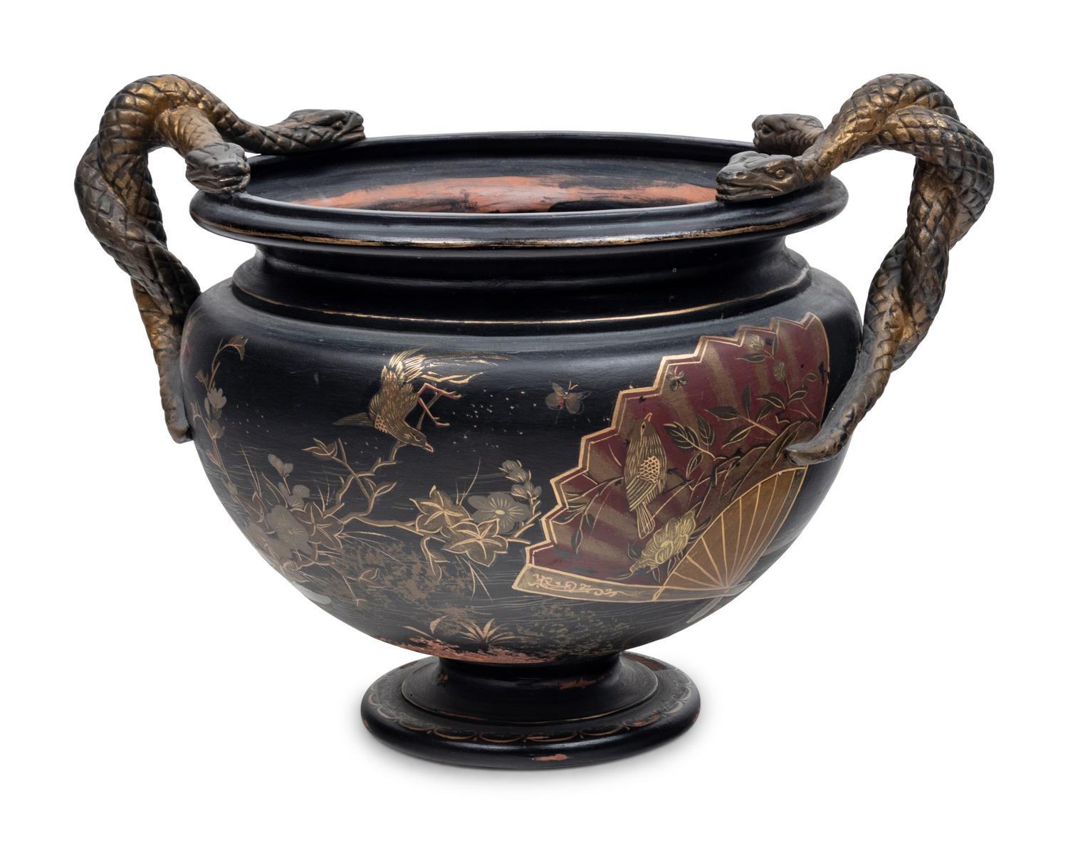 A Bronzed Terra Cotta Jardinière with Japanned Decoration