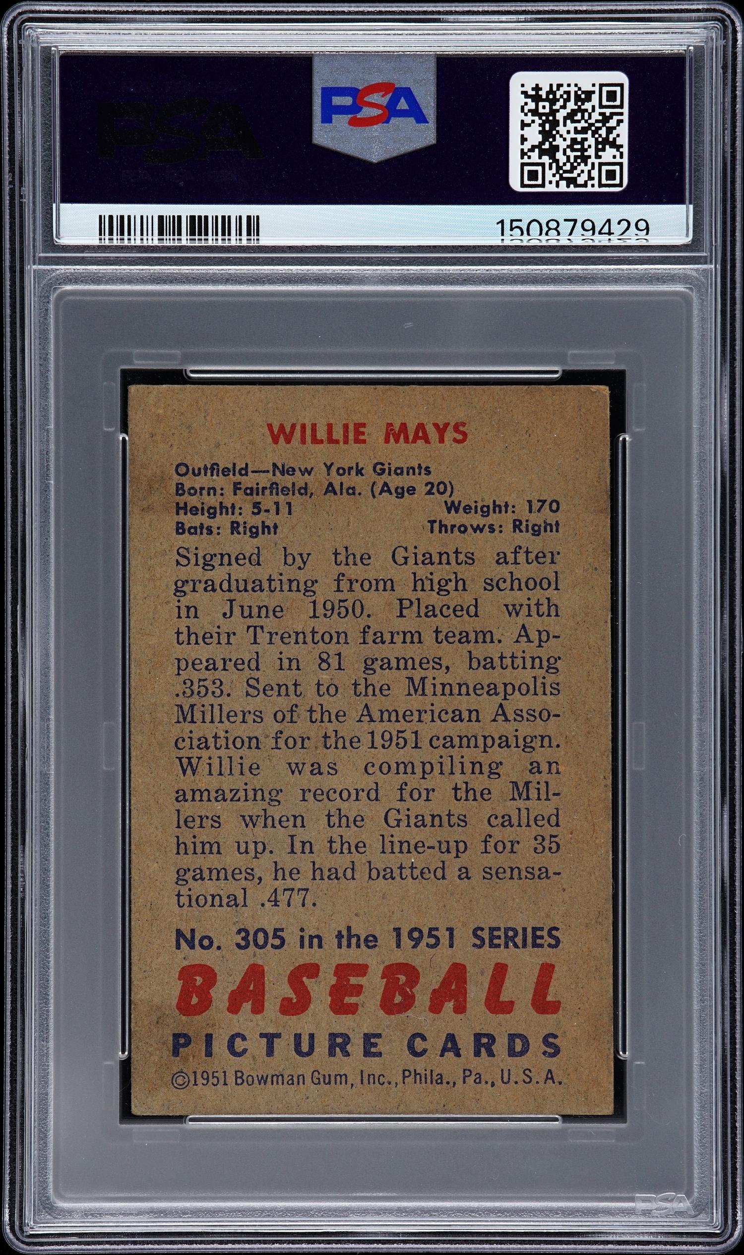 A 1951 Bowman Willie Mays Rookie Baseball Card No. 305 (PSA 3.5 VG+)