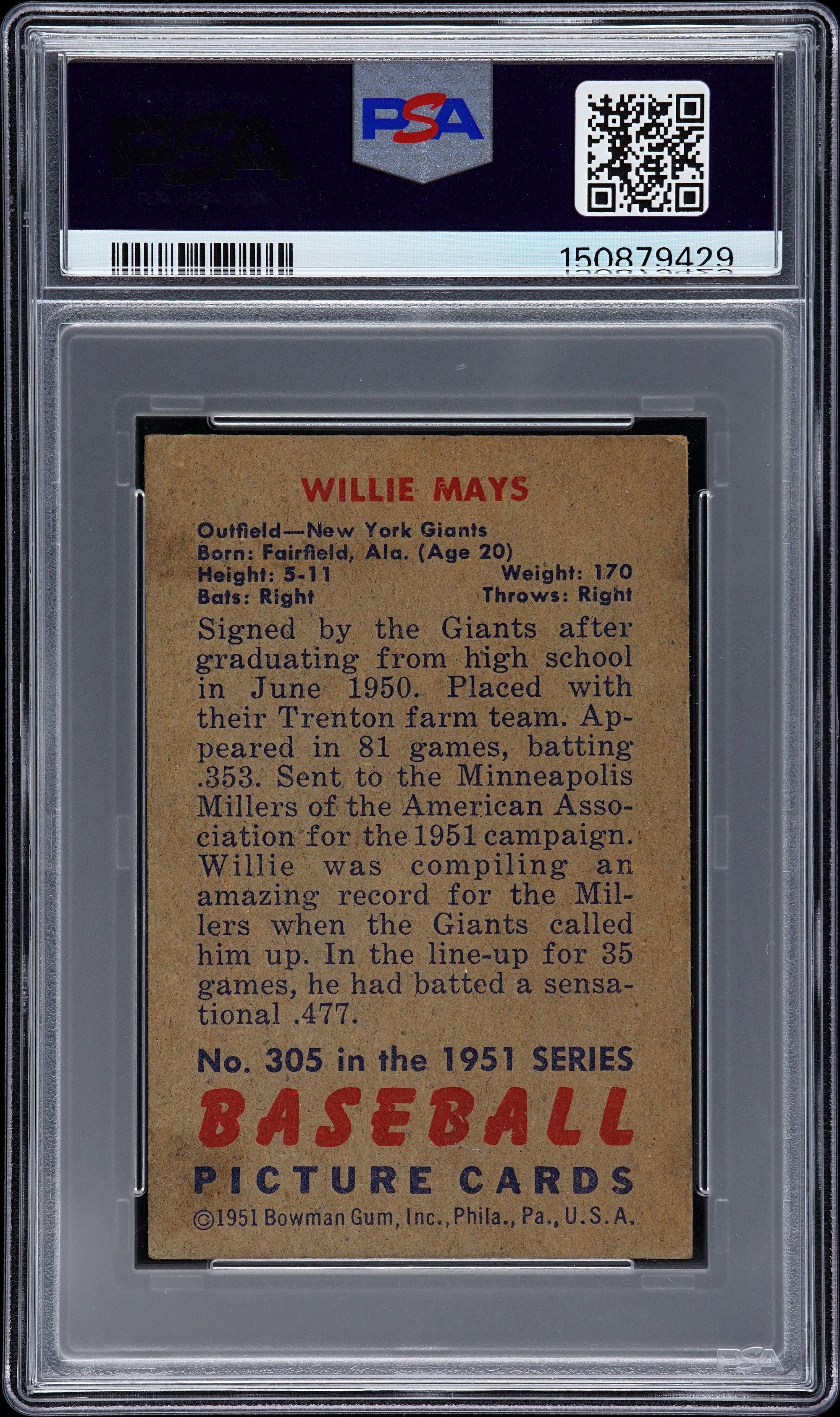 A 1951 Bowman Willie Mays Rookie Baseball Card No. 305 (PSA 3.5 VG+)