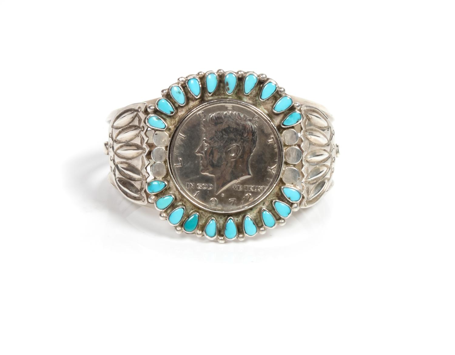 Southwestern Silver, Turquoise and 1972 Kennedy Half Dollar Cuff Bracelet Length 5 5/8 x opening 1 x width 1 7/8 inches