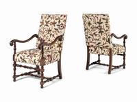 A Pair of William and Mary Style Walnut Armchairs with Crewelwork Upholstery