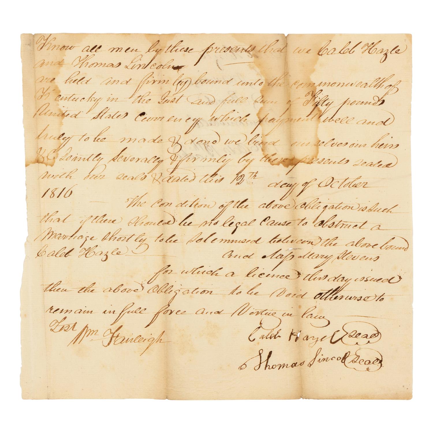 LINCOLN, Thomas (1778-1851). Manuscript marriage bond document signed ("Thomas Lincoln"), Knob Creek, Kentucky, 12 October 1816.