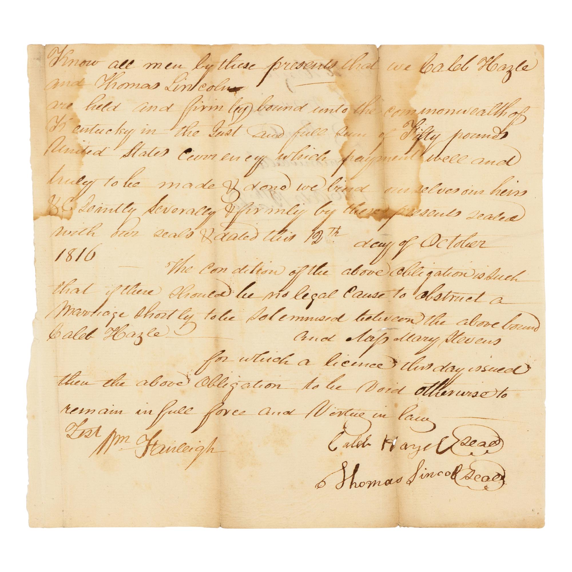 LINCOLN, Thomas (1778-1851). Manuscript marriage bond document signed ("Thomas Lincoln"), Knob Creek, Kentucky, 12 October 1816.
