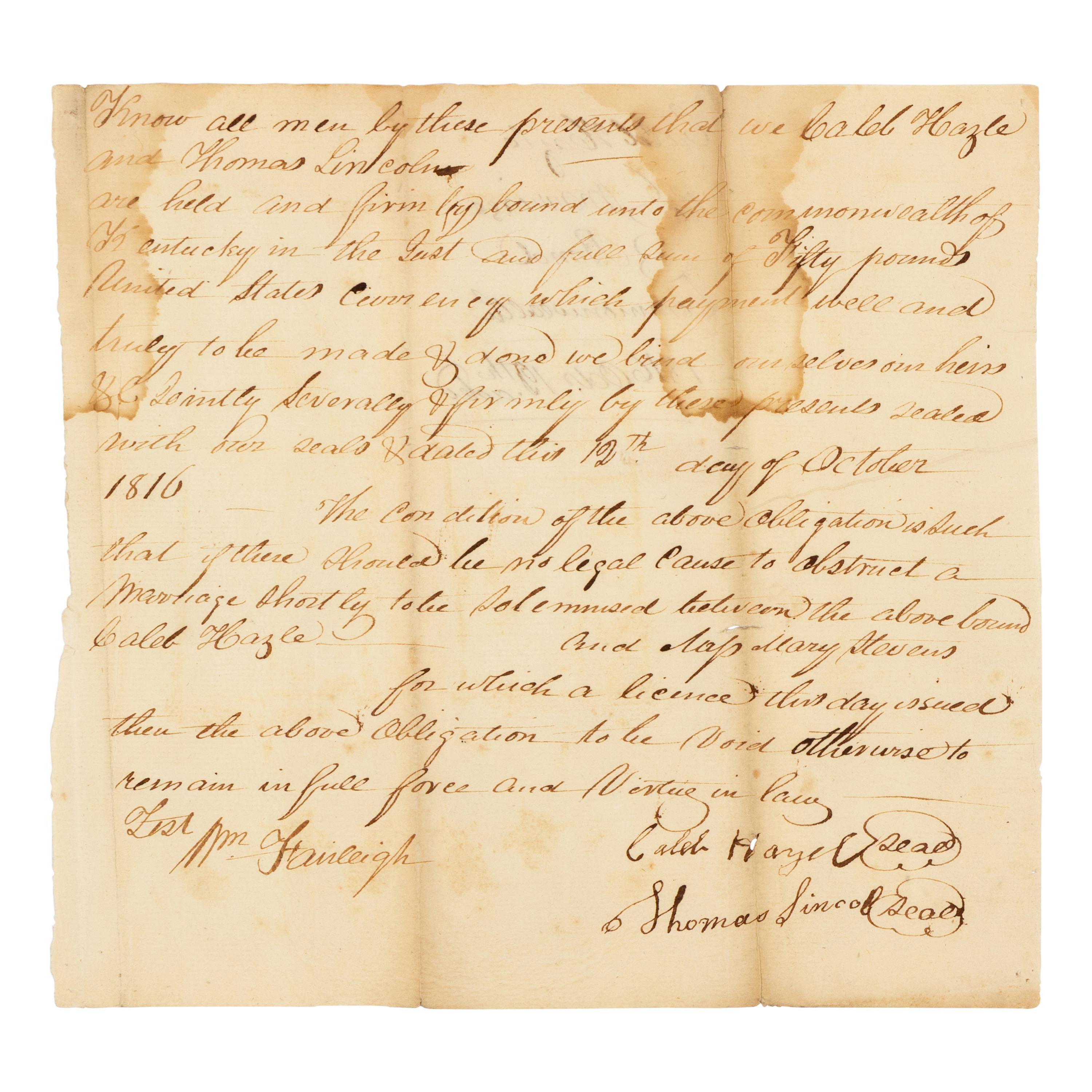 LINCOLN, Thomas (1778-1851). Manuscript marriage bond document signed ("Thomas Lincoln"), Knob Creek, Kentucky, 12 October 1816.